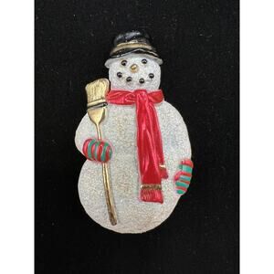 VTG Signed AJC Sparkly Enamel Christmas Holiday Snowman Gold Plated Brooch Pin
